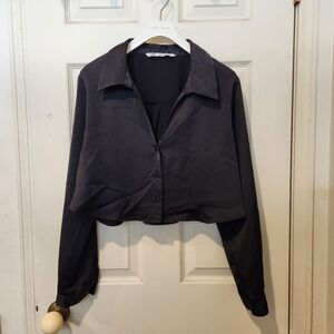 Zara black cropped button-up blouse